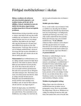 Debattartikel: Förbjud mobiltelefoner i skolan - Svenska 1