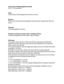 Rörelsemängdens bevarande efter krock | Elastisk stöt | Labbrapport