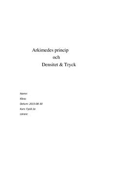 Densitet och tryck: Arkimedes princip | Labbrapport