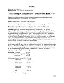 Bestämning Av Kopparhalten I Kopparsulfat | Labbrapport | Kemi ...